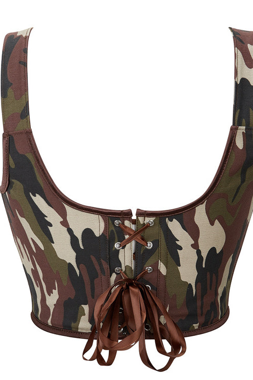 Green Camouflage Lace-Up Retro U Neck Bustier Corset Top