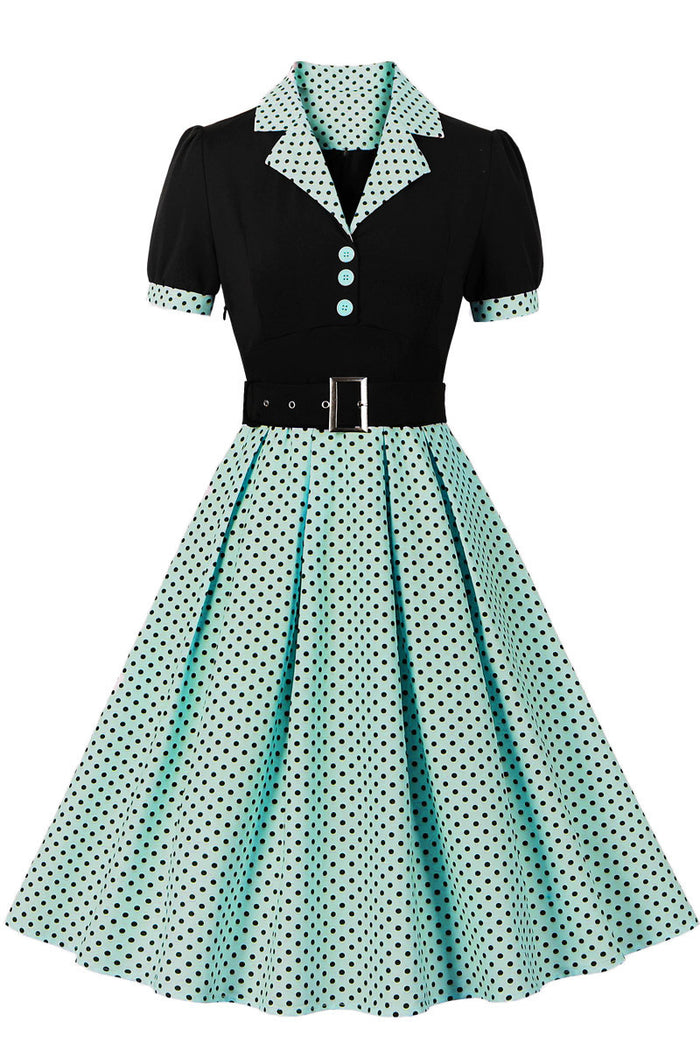 Green Lapel Short Sleeves A-line Dot Vintage Dress