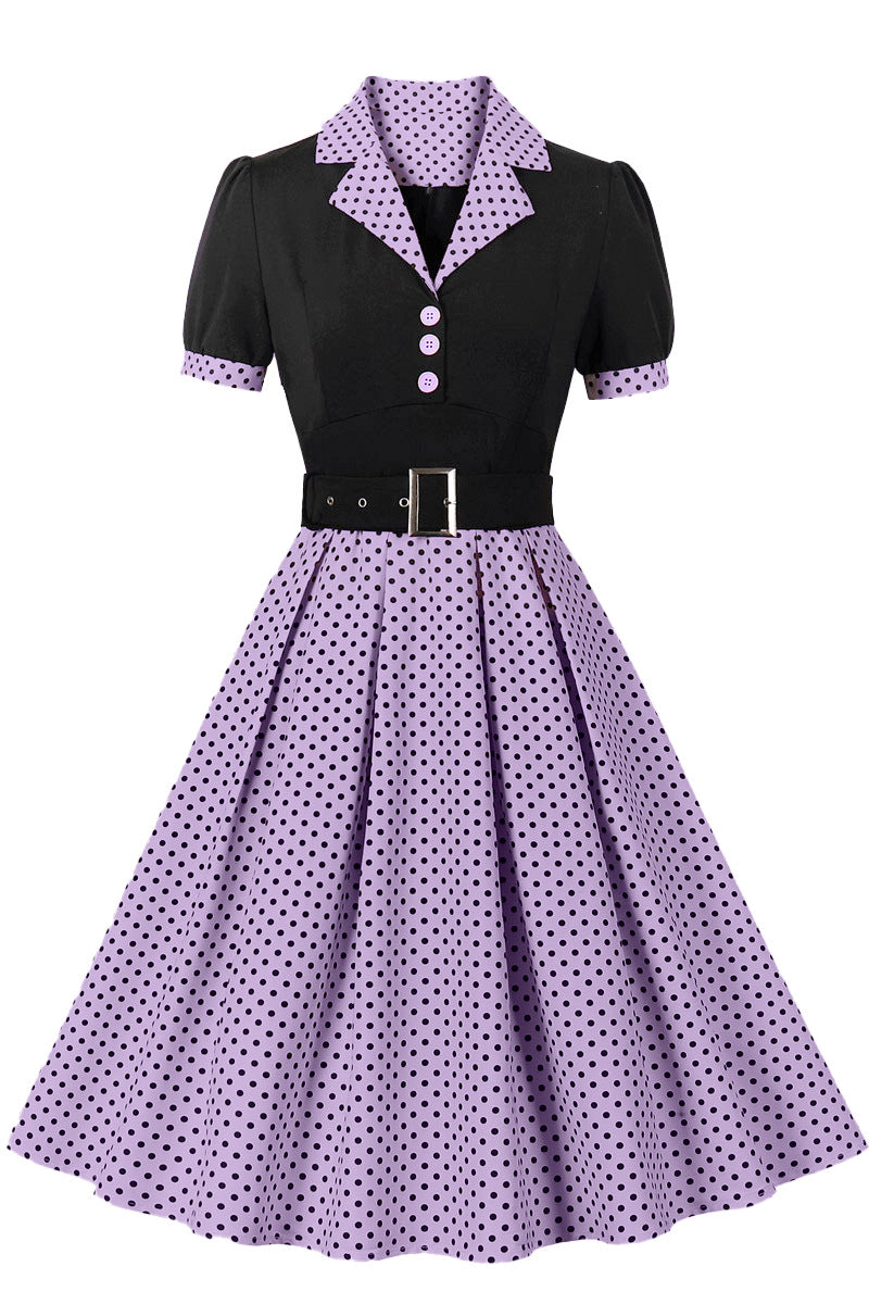 Pruple Lapel Short Sleeves A-line Dot Vintage Dress
