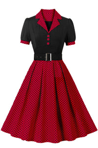 Red Lapel Short Sleeves A-line Dot Vintage Dress