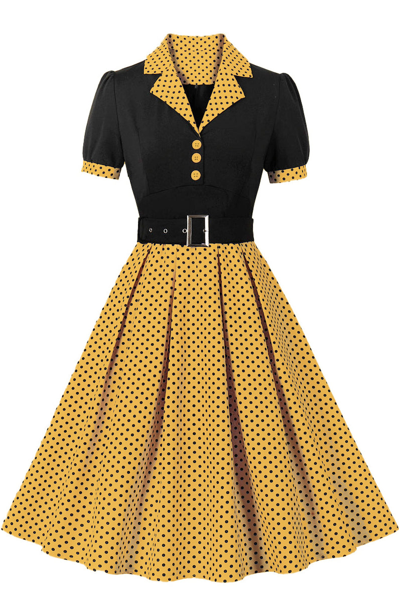 Yellow Lapel Short Sleeves A-line Dot Vintage Dress