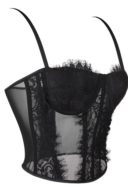 Black Straps Eyelash Lace Sheer Bustier Corset Top