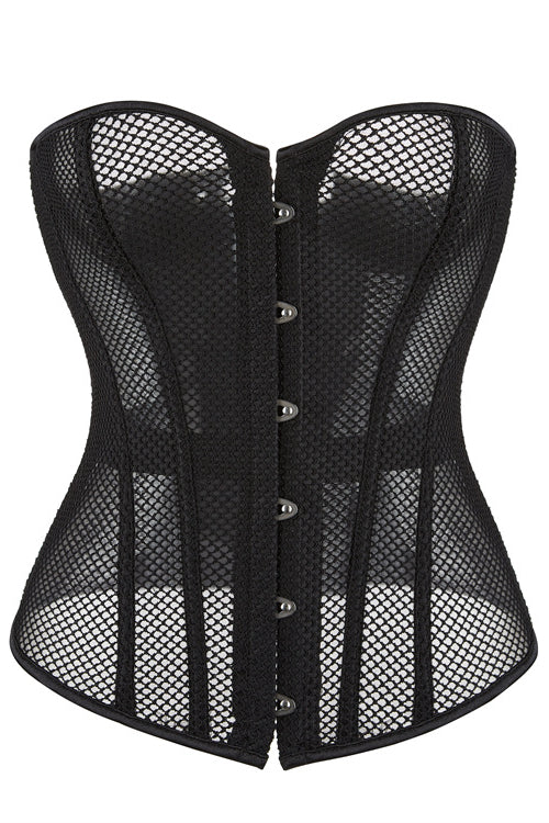 Black Strapless Sheer Mesh Boned Lace-Up Bustier Corset Top