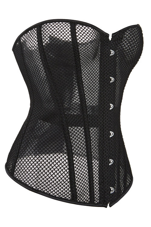 Black Strapless Sheer Mesh Boned Lace-Up Bustier Corset Top