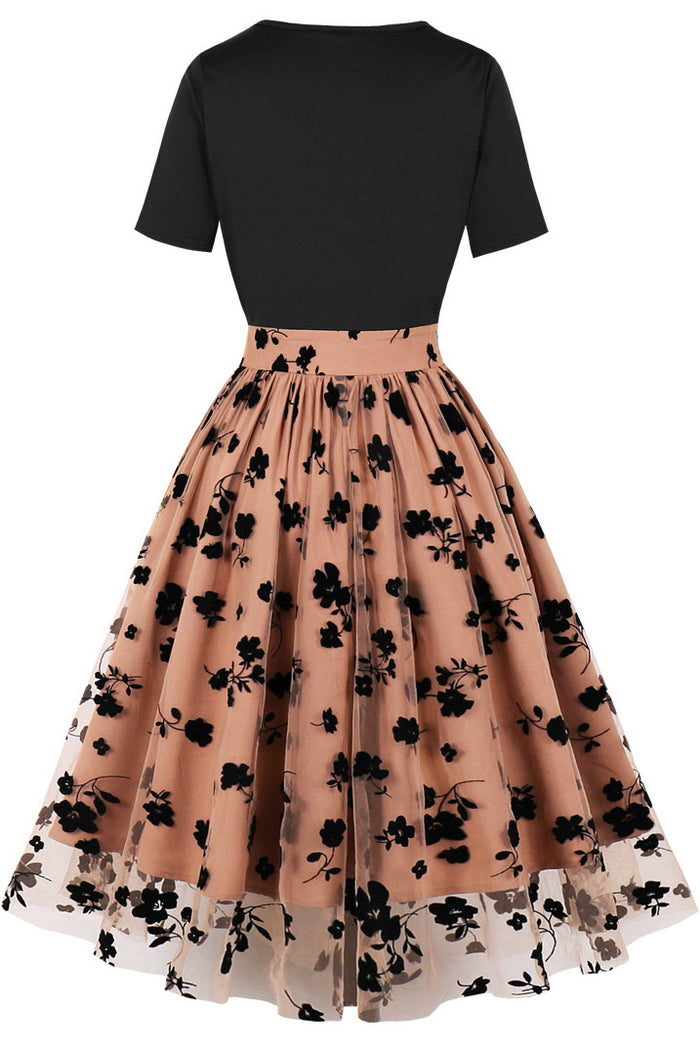 Brown Floral Vinatge Dress with Black Top