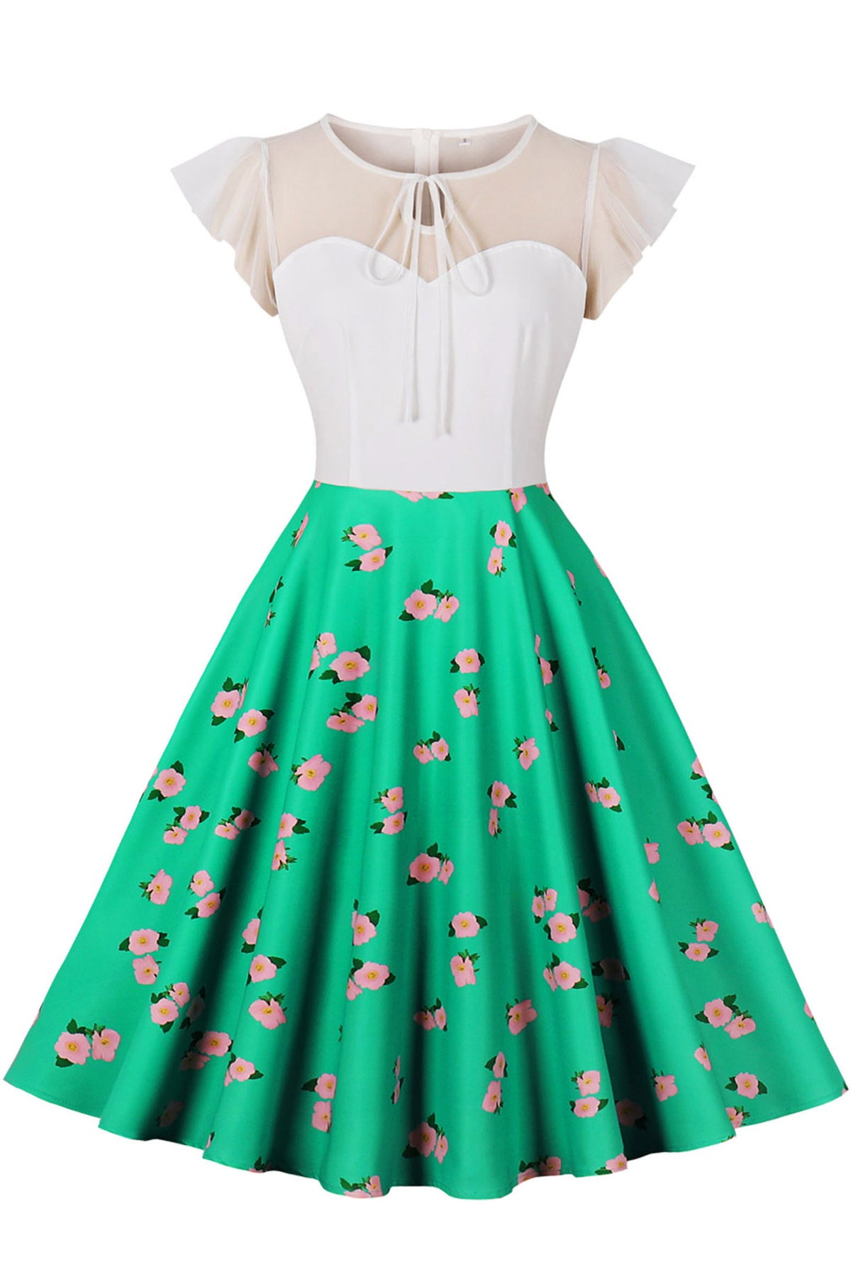 Green Flutter Sleeves A-line Floral Vintage Dress