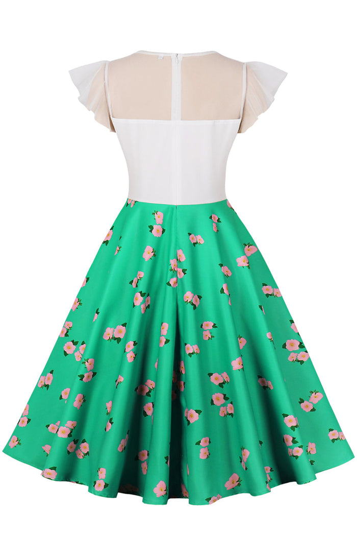 Green Flutter Sleeves A-line Floral Vintage Dress