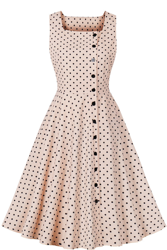 Apricot Sleeveless Dot A-line Vintage Dress