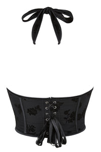 Black Bow Tie Halter Jacquard Lace-Up Bustier Corset Top