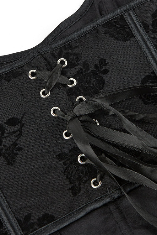 Black Bow Tie Halter Jacquard Lace-Up Bustier Corset Top