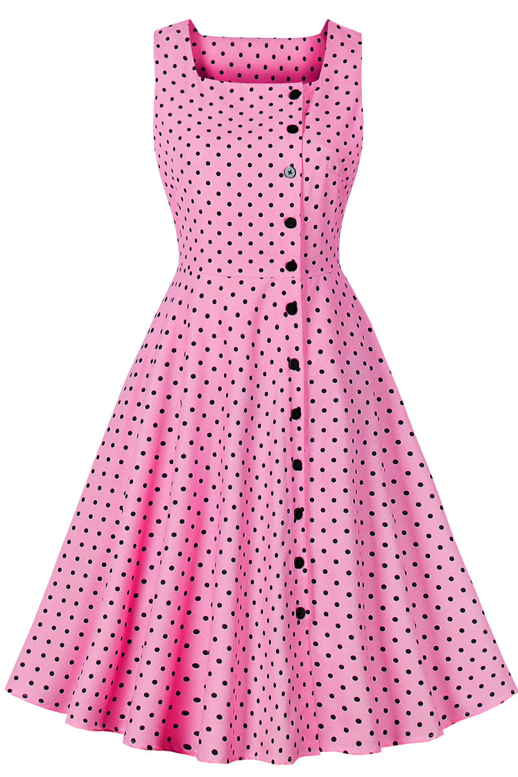 Hot Pink Sleeveless Dot A-line Vintage Dress