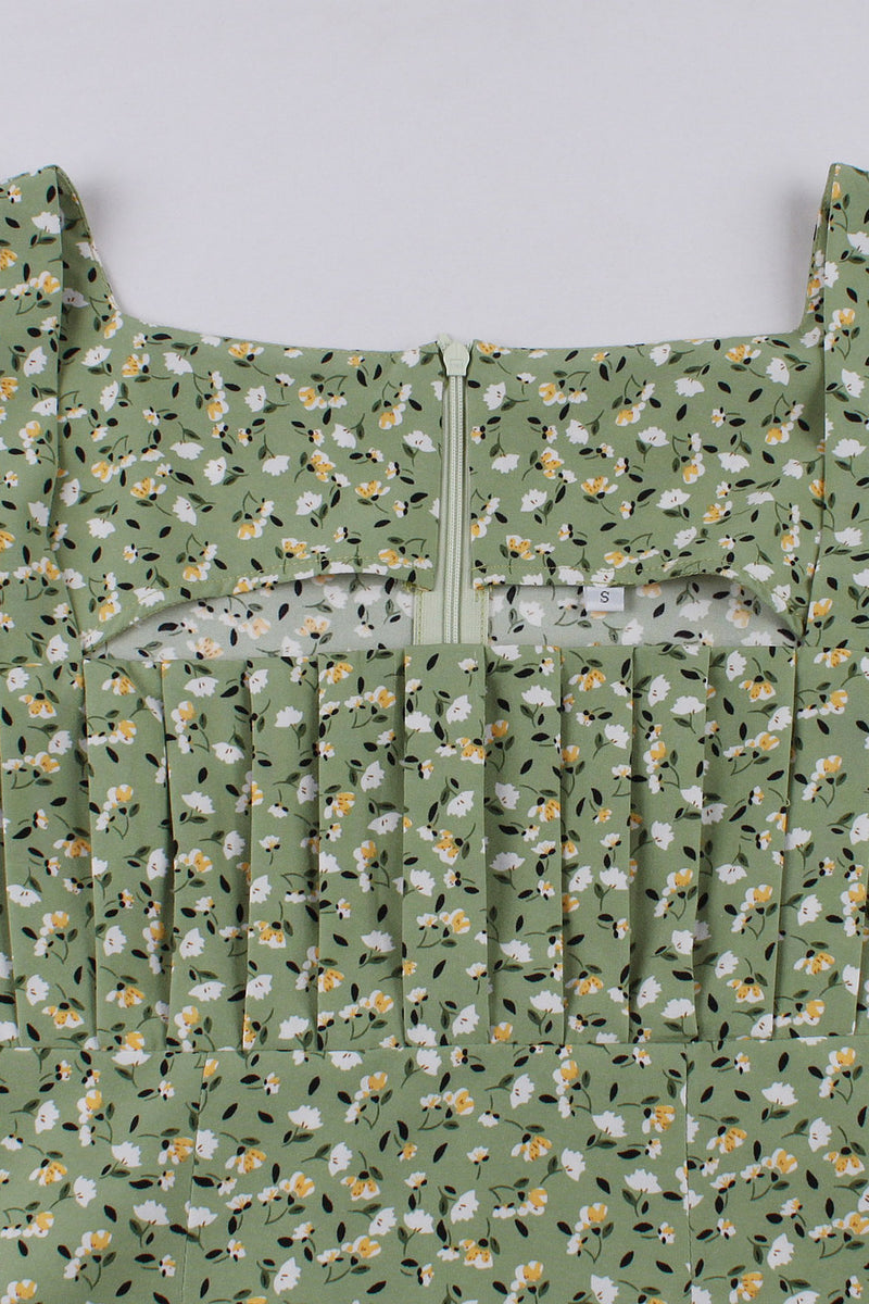 Green Puff Long Sleeves Square Neck Floral Vintage Dress