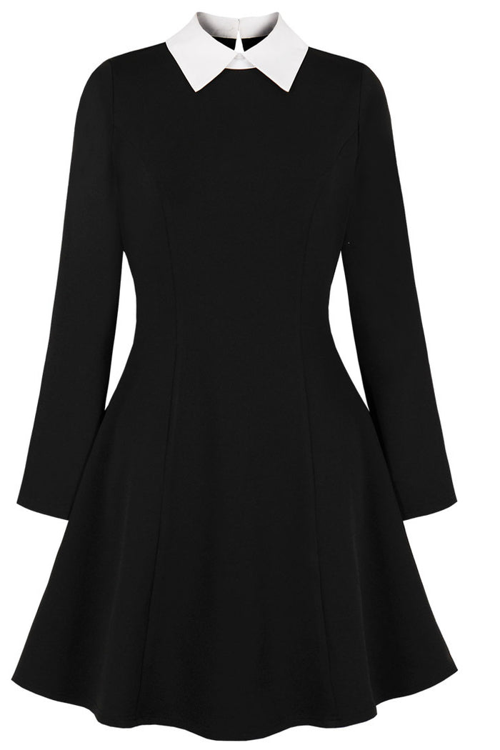 Herbene Black Shirt Collar Long Sleeves Vintage Dress