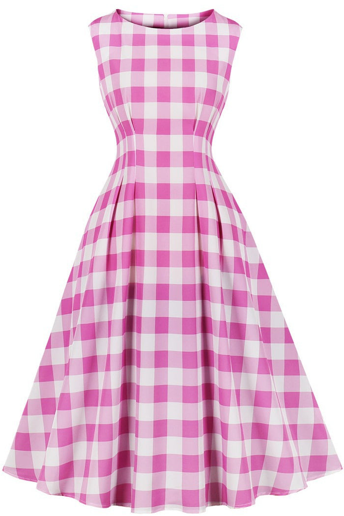 Pink Plaid Sleeveless Plaid A-line Vintage Dress
