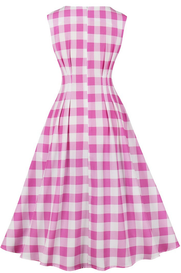 Pink Plaid Sleeveless Plaid A-line Vintage Dress