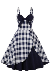 Navy Blue Plaid A-line Silp Vintage Dress with Bow