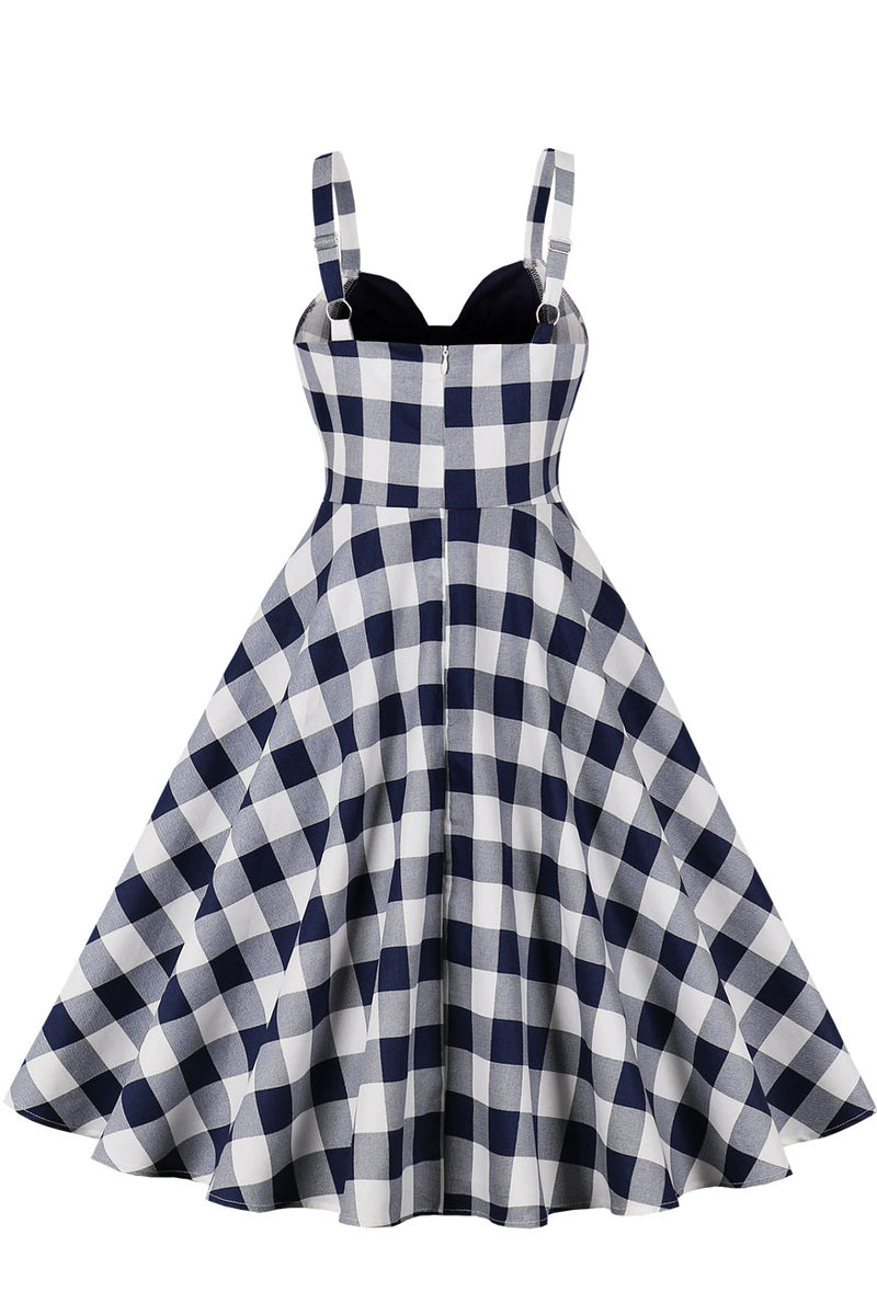 Navy Blue Plaid A-line Silp Vintage Dress with Bow