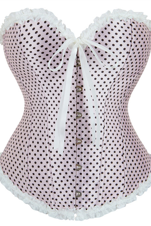 Pink Ruffled Strapless Lace-Up Dots Bustier Corset Top