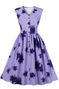 Lavender Sleeveless Floral A-line Vintage Dress