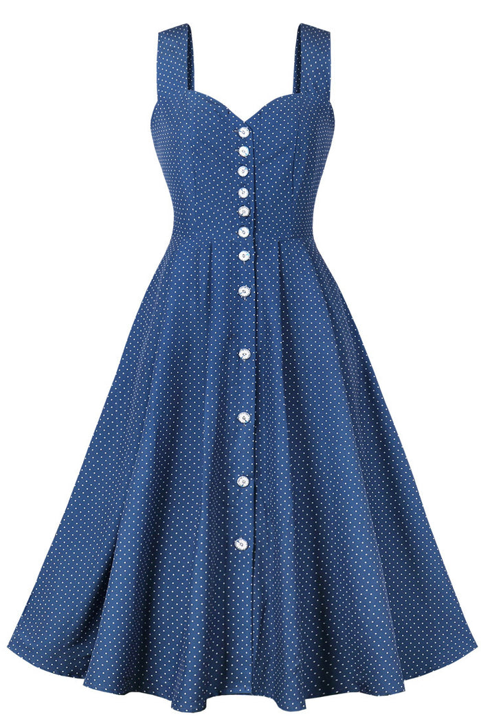 Blue Dot Buttons Slip Vintage Dress with Pockets
