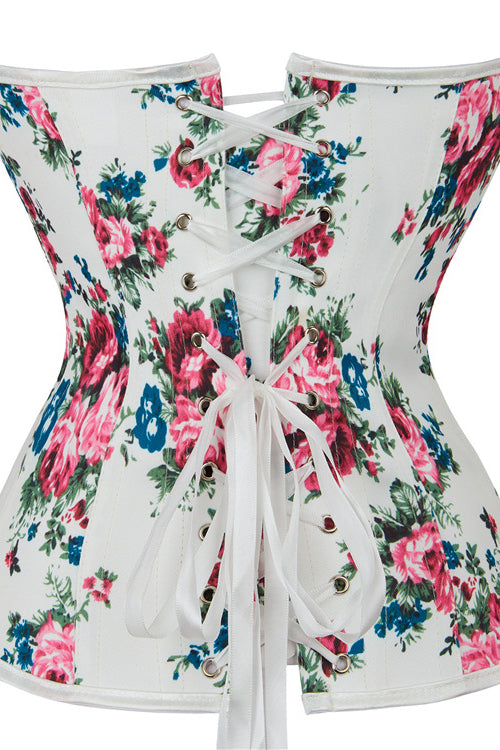 White Rose Prints Strapless Lace-Up Bustier Corset Top