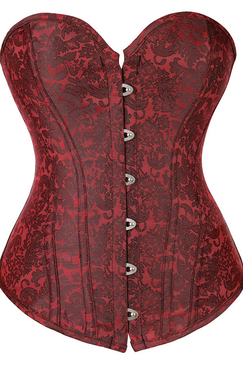 Wine Red Strapless Lace-Up Jacquard Bustier Corset Top