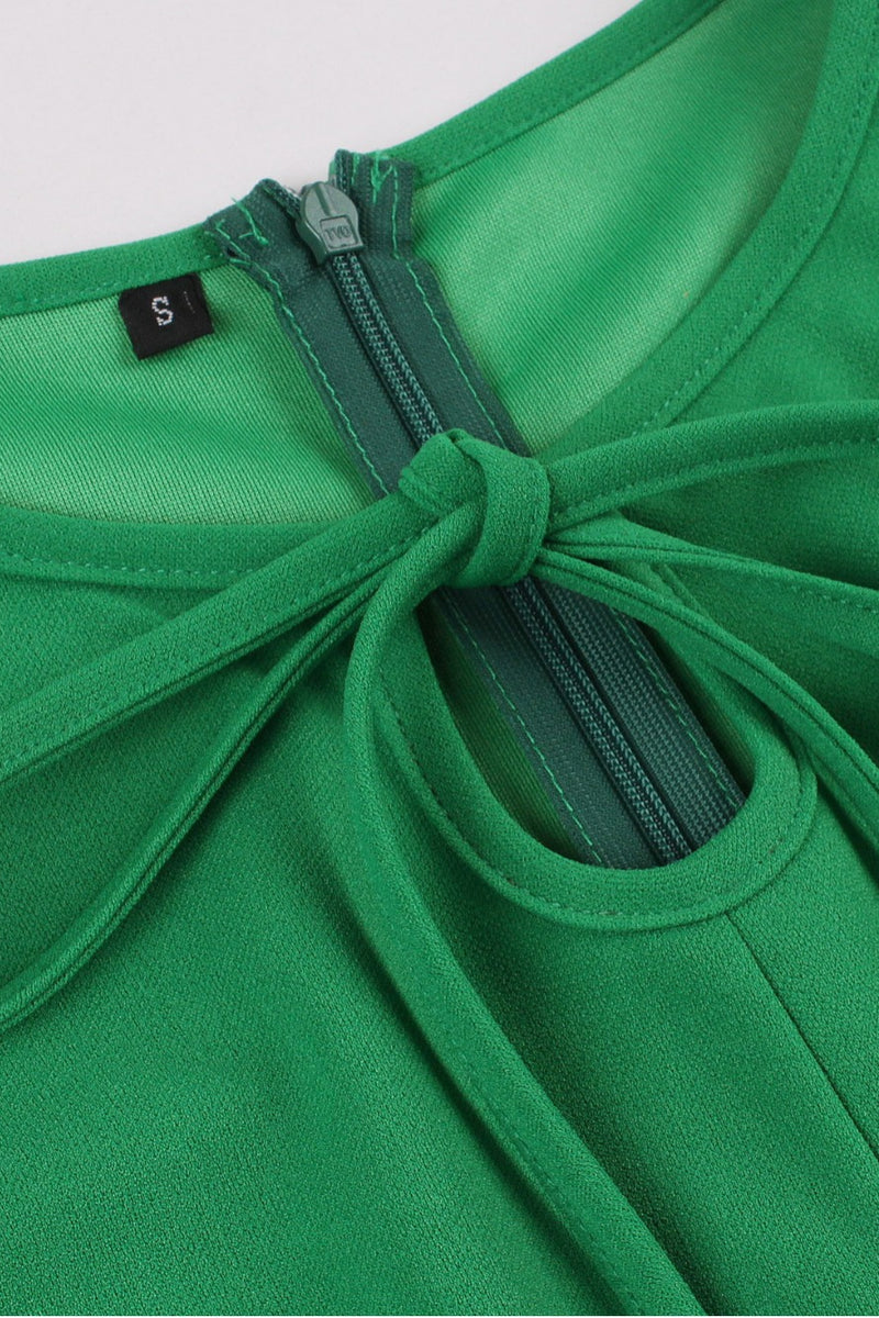 Green Bow Tie Detail Short Sleeves A-line Vintage Dress