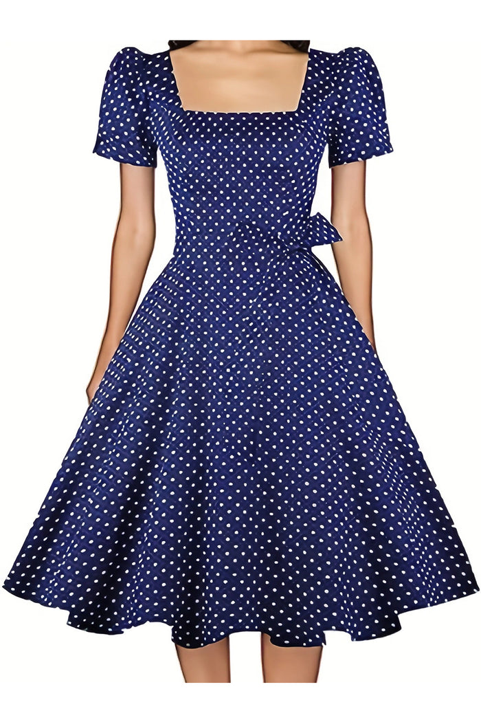 Navy Blue Puff Sleeves Square Neck Dot A-line Vintage Dress