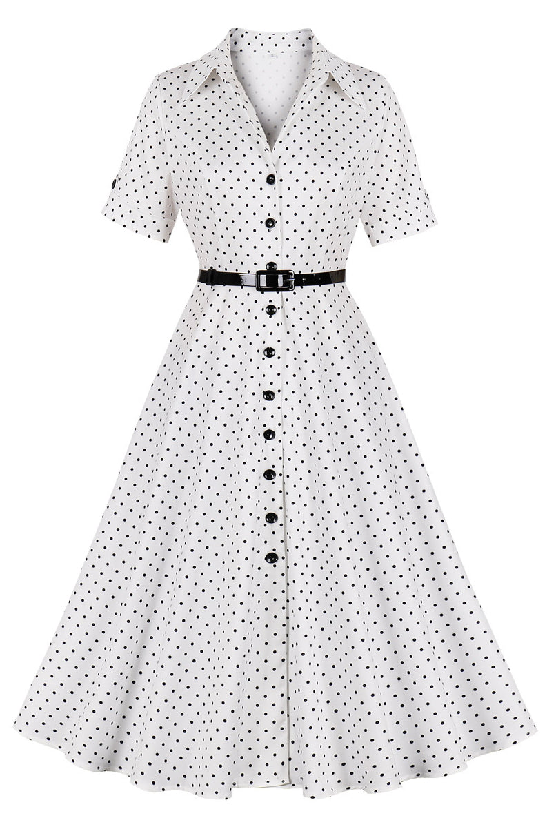 White Lapel Dot Short Sleeves A-line Vintage Dress
