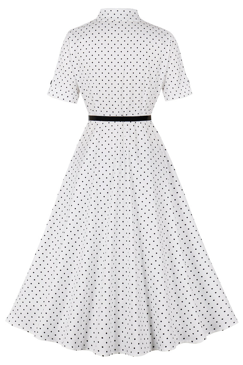 White Lapel Dot Short Sleeves A-line Vintage Dress