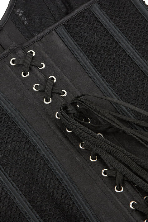 Black Strapless Mesh Appliques Lace-Up Bustier Corset Top