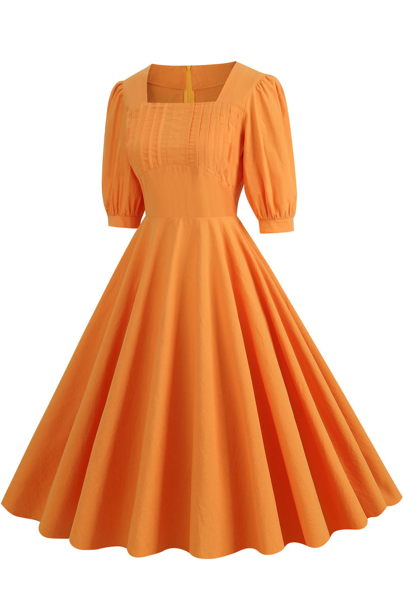 Vintage Orange Square Neck Puff Sleeves A-line Dress