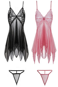 Black & Pink V Neck Straps Lace Illusion Lingerie