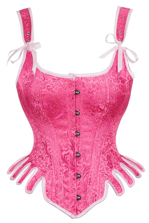 Vintage Barbie Pink Lace-Up Floral Embroidery Steel Boned Bustier Corset Top