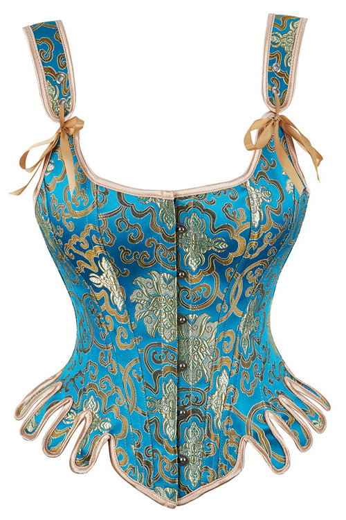 Vintage Blue Lace-Up Floral Embroidery Steel Boned Bustier Corset Top