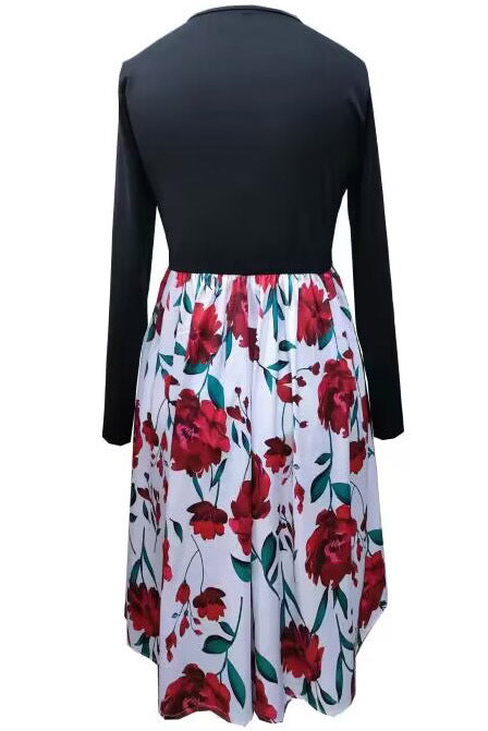 Black Empire Long Sleeves Pleated A-line Floral Vintage Dress