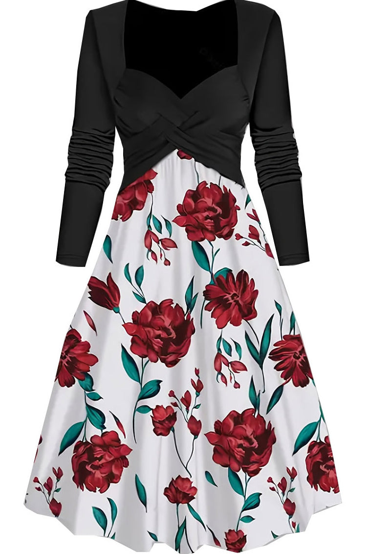 Black Empire Long Sleeves Pleated A-line Floral Vintage Dress