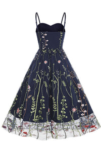 Dark Navy Floral Embroidery A-line Slip Vintage Dress