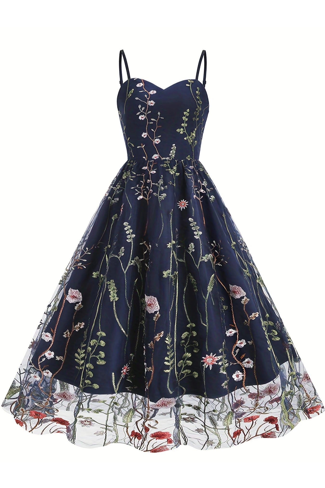 Dark Navy Floral Embroidery A line Slip Vintage Dress Dreamdressy