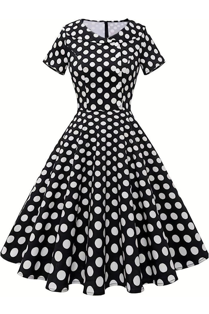 Black Short Sleeves Dot A-line Vintage Dress