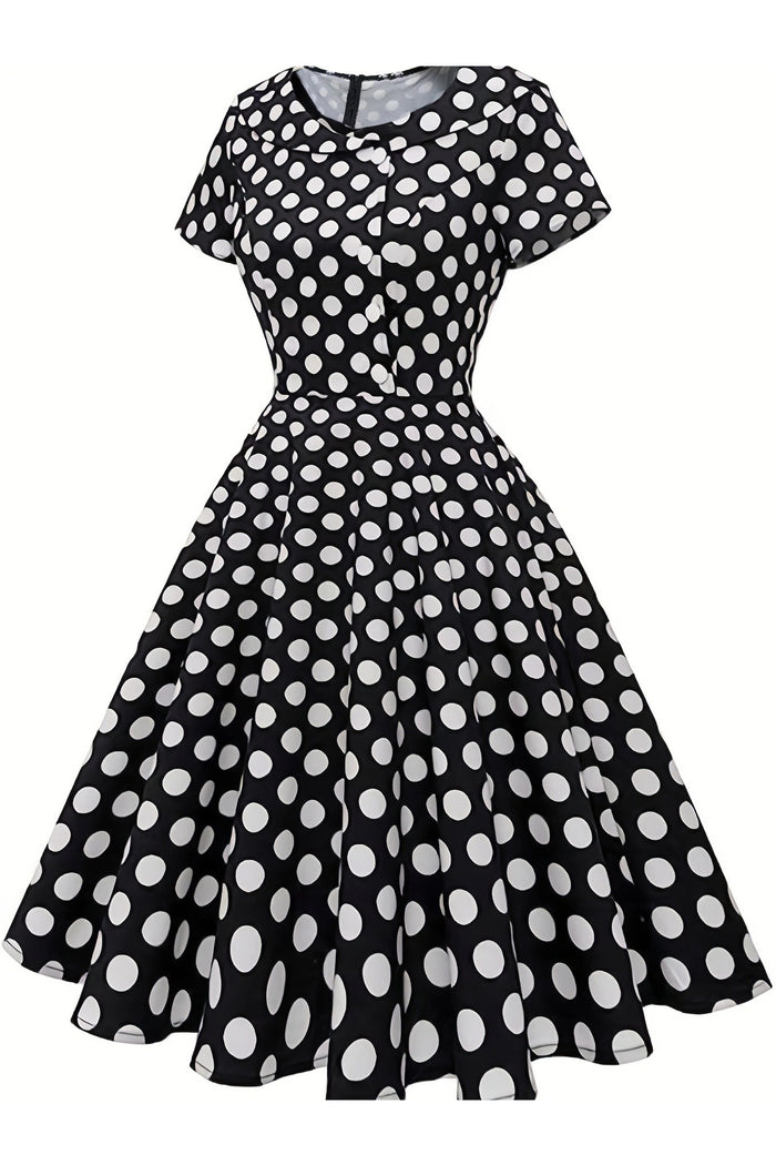 Black Short Sleeves Dot A-line Vintage Dress