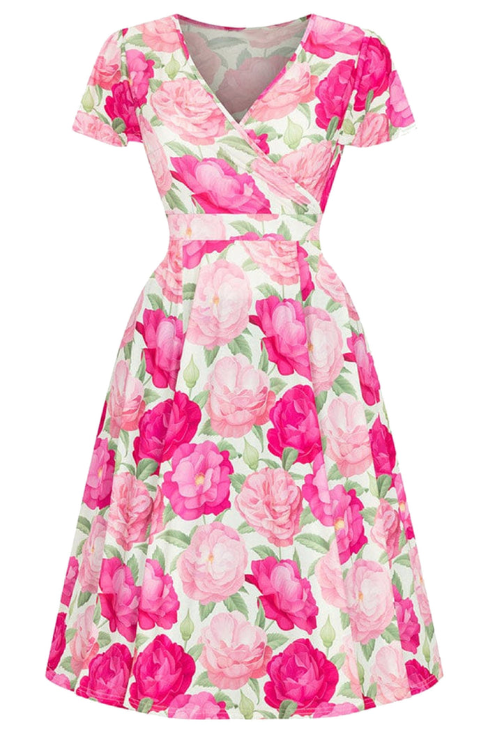 Pink Surplice Short Sleeves A-line Floral Vintage Dress