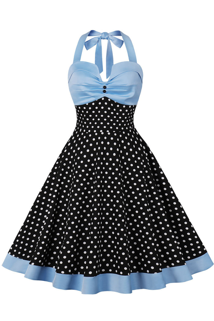 Blue Halter Dot A-line Vintage Dress