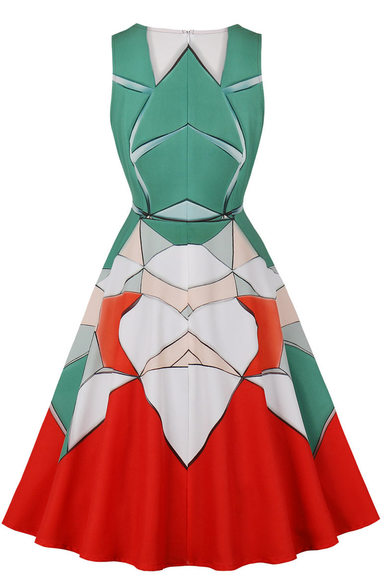 Green and Red Sleeveless A-line  Vintage Dress