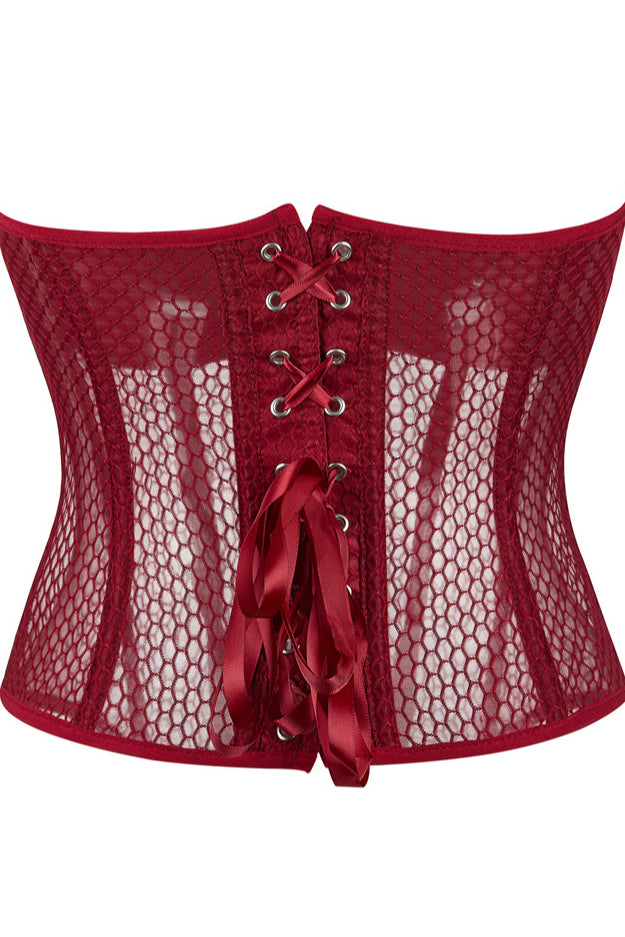 Red Strapless Mesh Lace-Up Bustier Corset Top