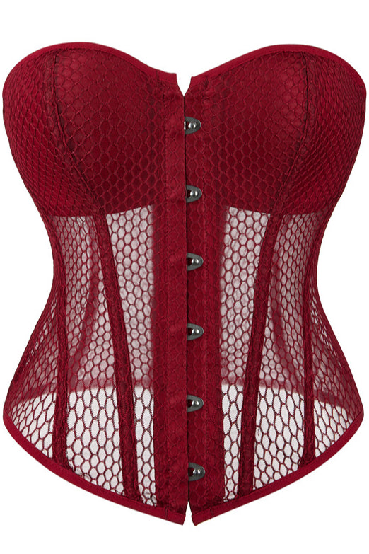 Red Strapless Mesh Lace-Up Bustier Corset Top