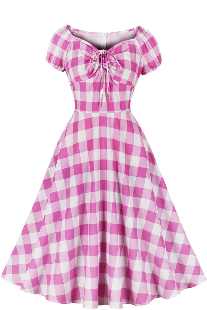 Pink A-line Plaid Puff Sleeves Bow Tie Vintage Dress