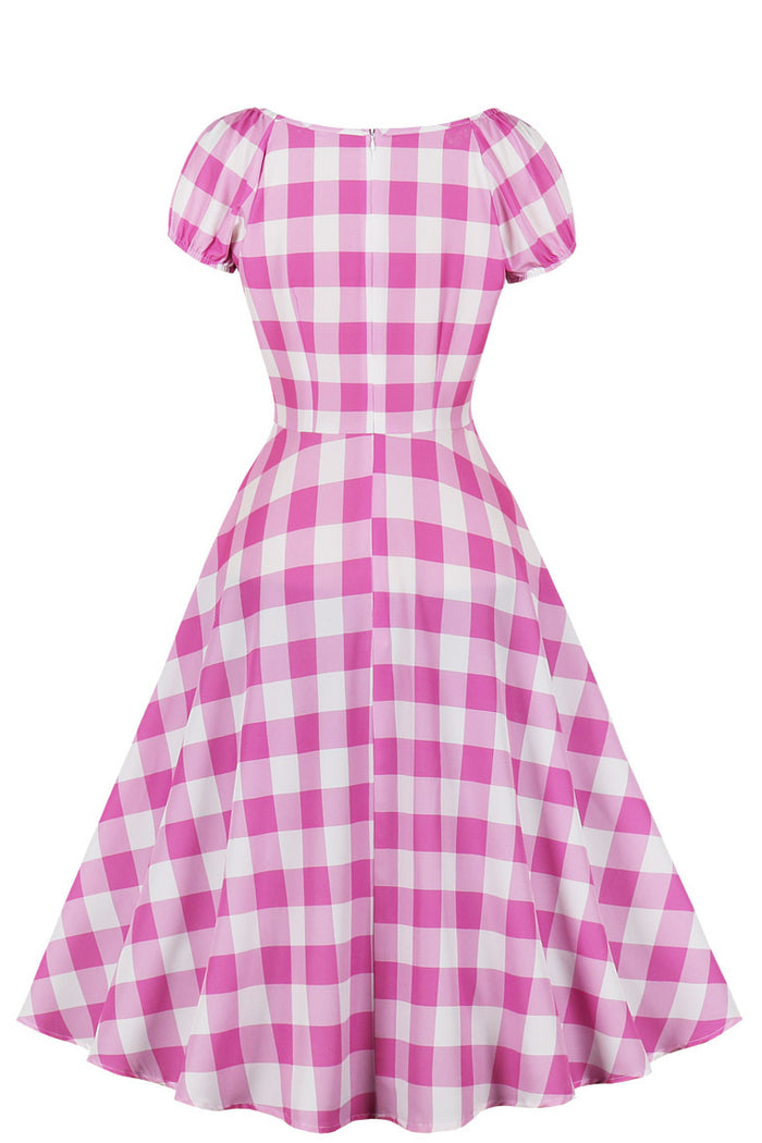 Pink A-line Plaid Puff Sleeves Bow Tie Vintage Dress