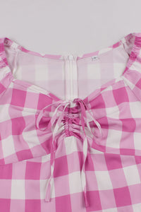 Pink A-line Plaid Puff Sleeves Bow Tie Vintage Dress