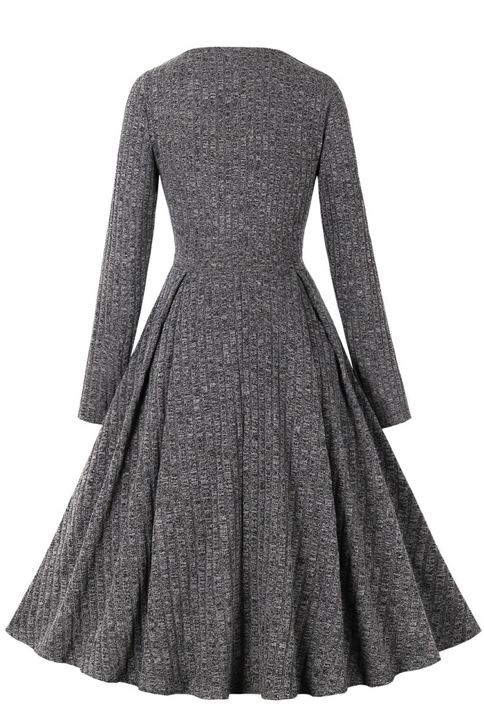 Grey Long Sleeves A-line Knitted Vintage Dress